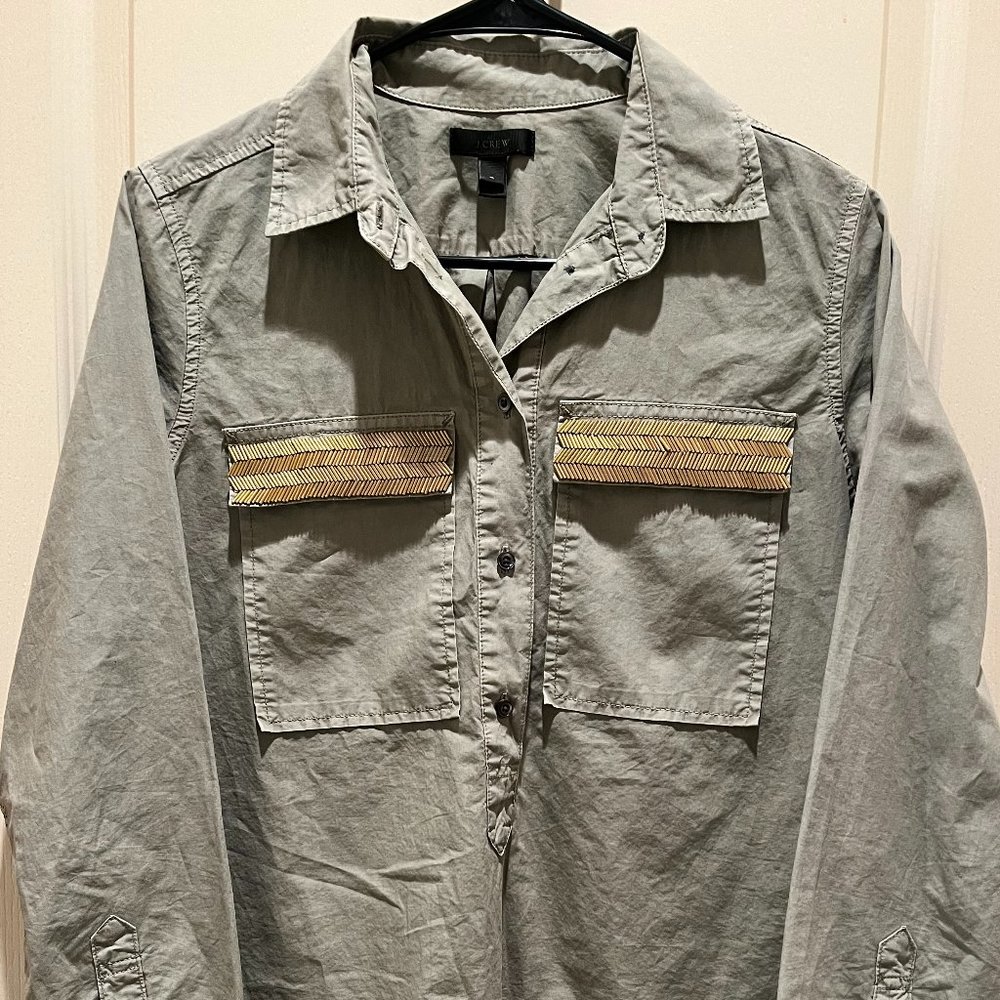 J. CREW Beaded Pocket Military Green Button Henley Tunic Blouse SIZE 4